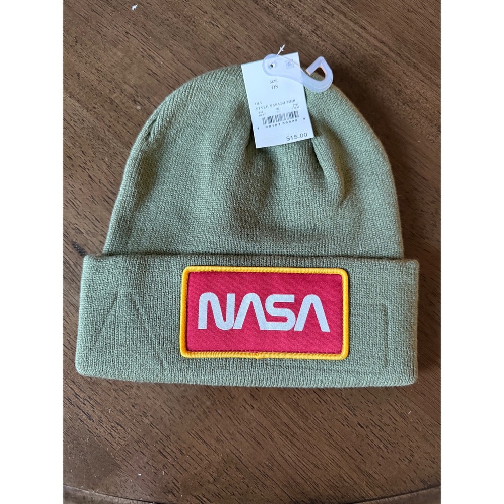 NASA Beanie Hat Green Cuffed Patch Space Shuttle American Flag‎ OS
